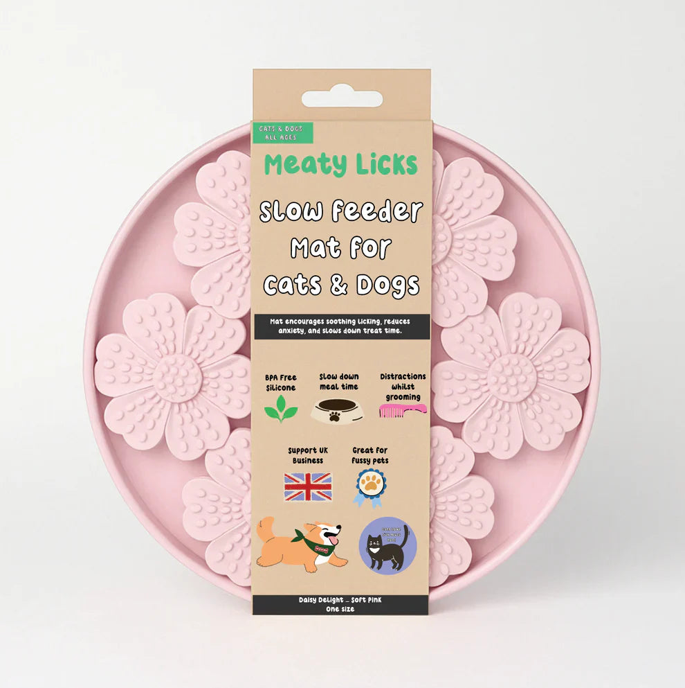 Meaty Licks Daisy Delight Slow Feeder – Soft Pink Enrichment Mat for Dogs & Cats