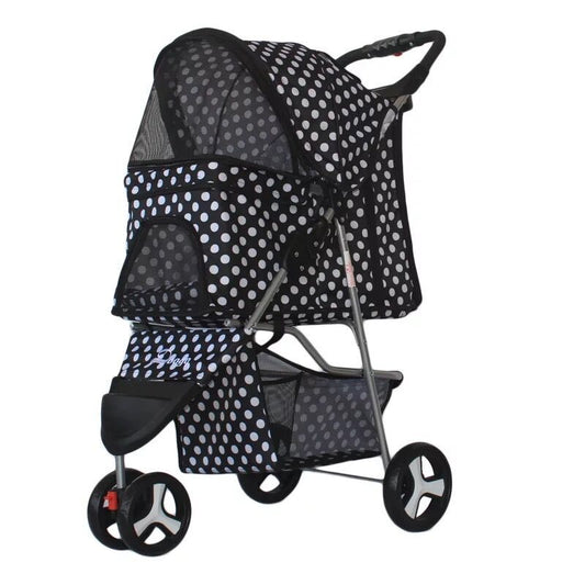 A black pet stroller with three wheels designed for carrying pets. The stroller features a mesh window on the side and a handle for pushing.