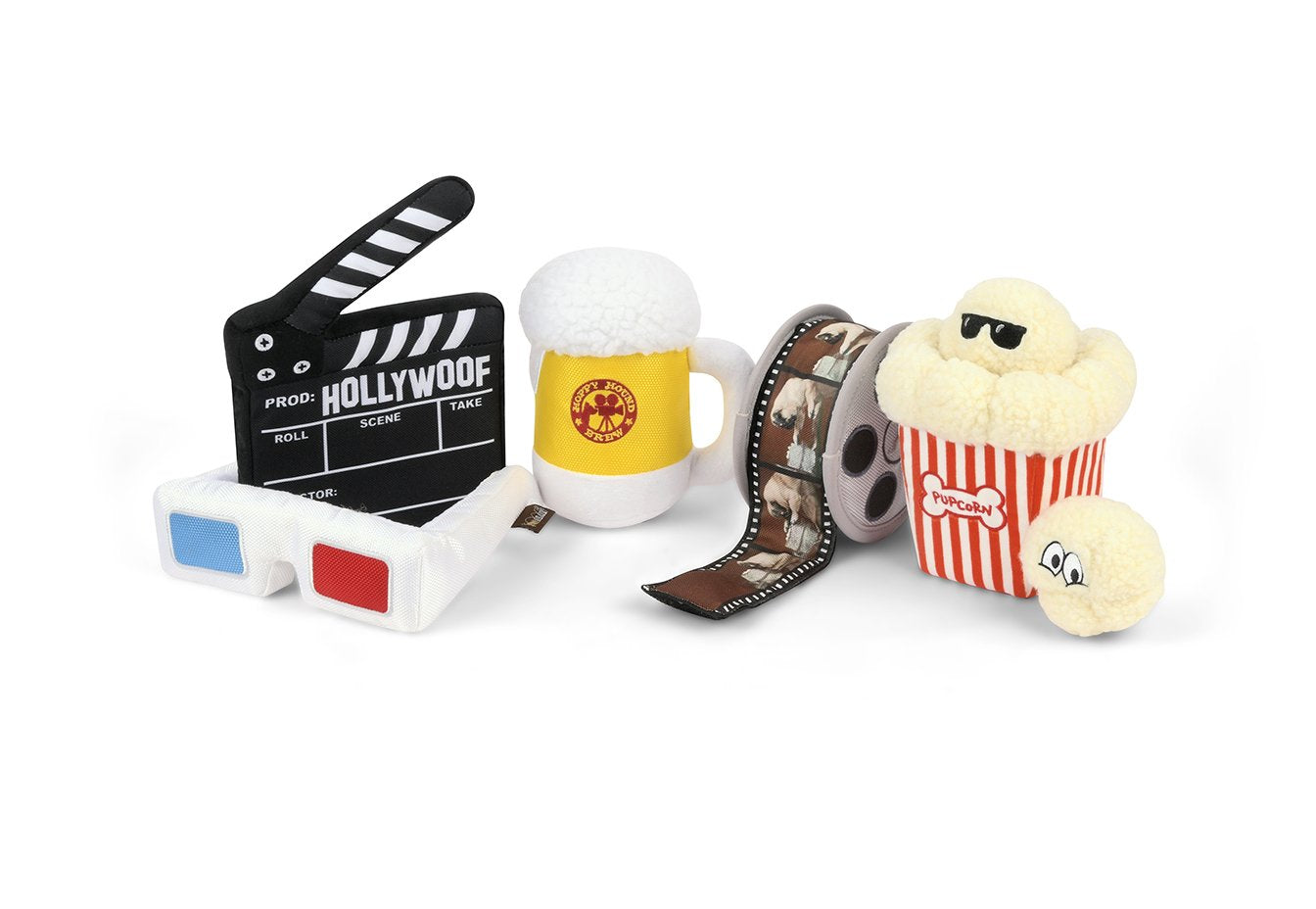Movie-themed items including a clapperboard, mug, film reel, and popcorn container on a white background.