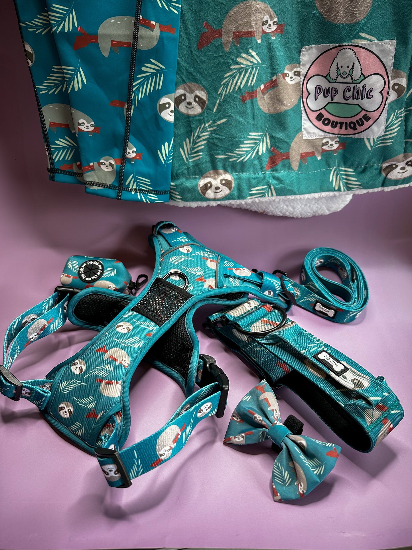 Lazy Sloth No Pull Tactical Dog Harness – Blue Teal Sloth Print, Adjustable, Step-In (Small-XL) 🦥