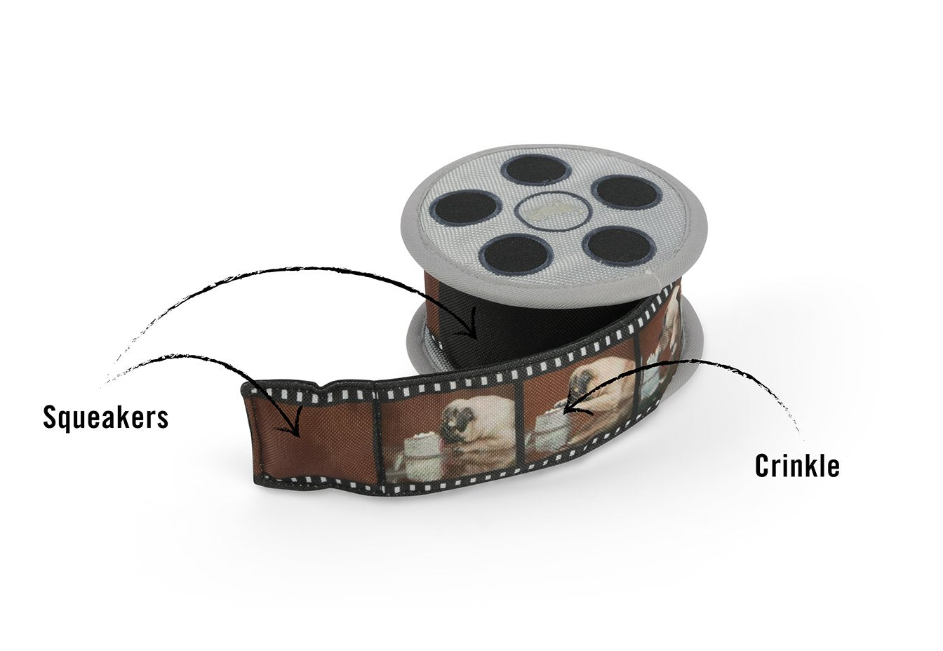 Toy packaging with a film reel design, labeled 'Squeakers' and 'Crinkle'.