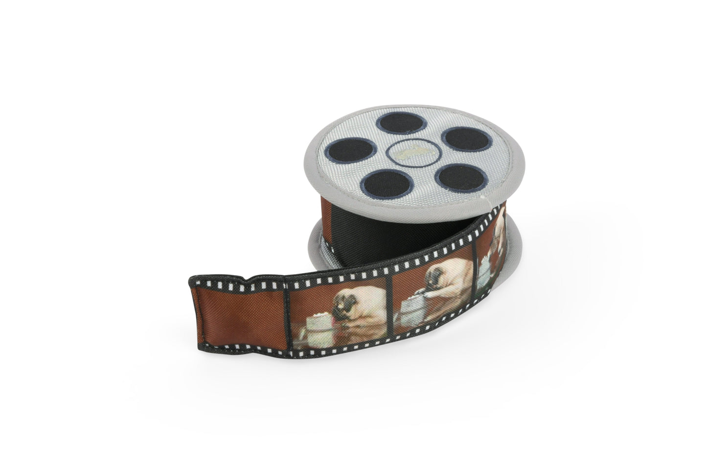 Film reel with a strip of film showing images on a white background