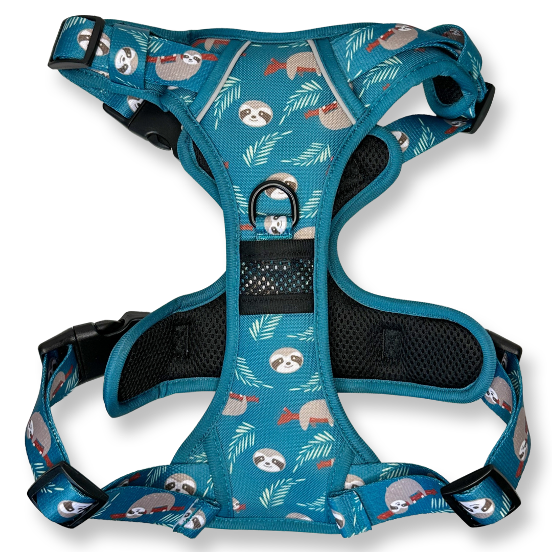 Lazy Sloth No Pull Tactical Dog Harness – Blue Teal Sloth Print, Adjustable, Step-In (Small-XL) 🦥