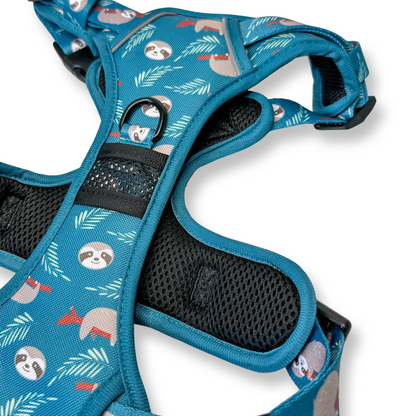 Lazy Sloth No Pull Tactical Dog Harness – Blue Teal Sloth Print, Adjustable, Step-In (Small-XL) 🦥