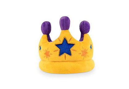 Yellow plush crown with purple tips and a blue star on a white background