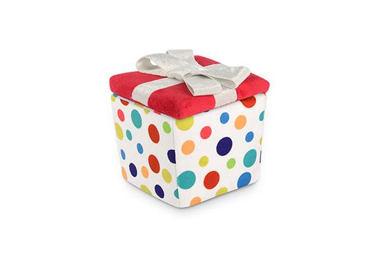 Colorful polka dot cube with a red lid and gray bow on a white background