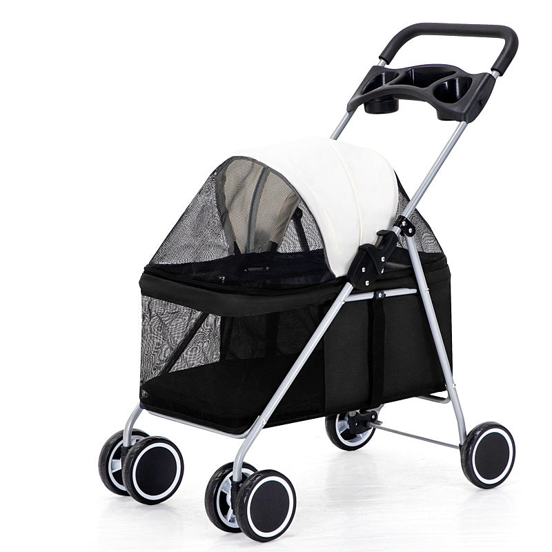 A lightweight foldable pet stroller in dark blue color, shown in both folded and unfolded positions with a mesh side panel.