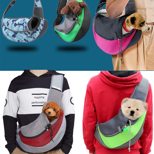 A collage of images showcasing different colors and patterns of the Out and About Shoulder Pet Carrier, with pets like dogs and cats inside.