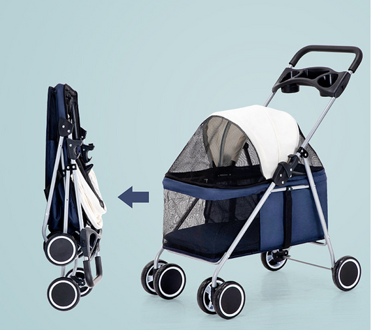 A lightweight foldable pet stroller in dark blue color, shown in both folded and unfolded positions with a mesh side panel.
