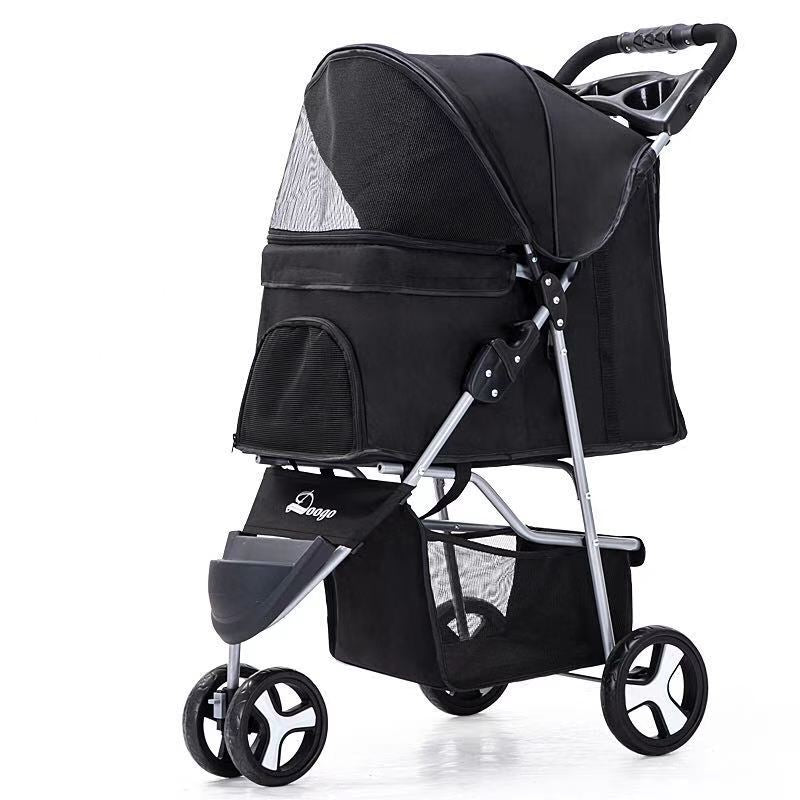 A black pet stroller with three wheels designed for carrying pets. The stroller features a mesh window on the side and a handle for pushing.