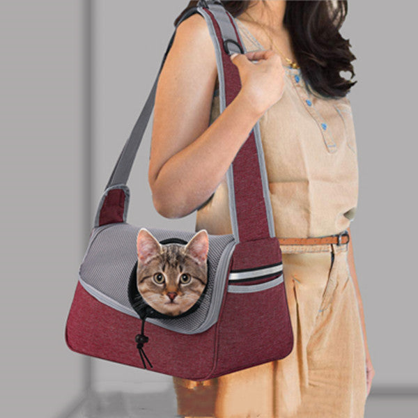 A collage of images showcasing different colors and patterns of the Out and About Shoulder Pet Carrier, with pets like dogs and cats inside.