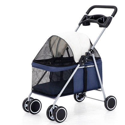 A lightweight foldable pet stroller in dark blue color, shown in both folded and unfolded positions with a mesh side panel.